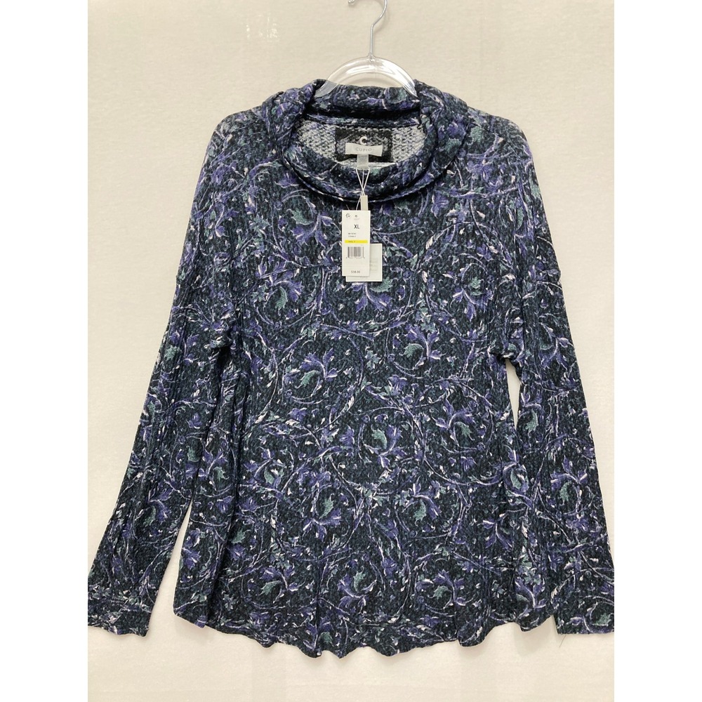 New Cupio Cowl Neck Top XL Purple Artsy Print Long Sleeve Knit Pullover Stretch